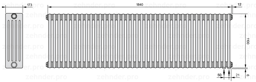 Схема (чертеж) Радиатор Zehnder Charleston 5110/40 №5510 Белый глянцевый RAL 9016